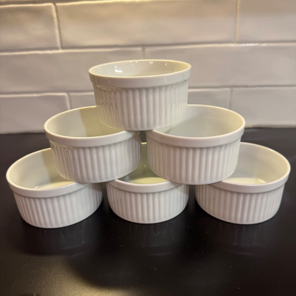 Dansk Bistro Ramekins Set of 6 White Ribbed Porcelain Souffle Dishes